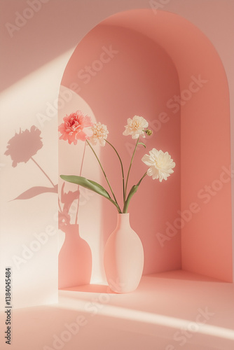 Obraz na płótnie Soft Pink Still Life With Flowers and Archway Shadow Play w salonie
