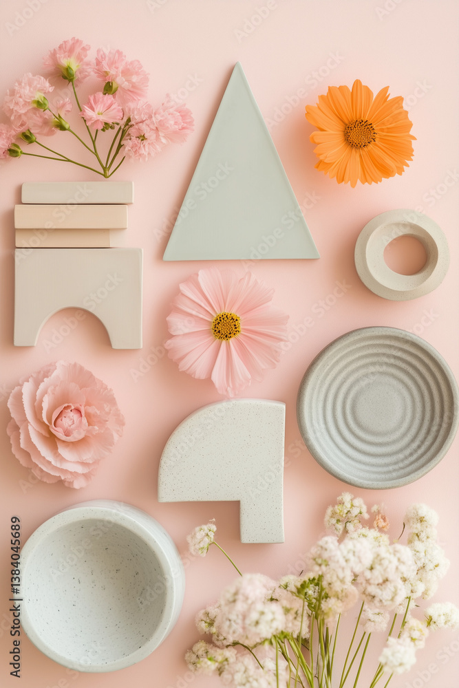 Soft Pink Still Life With Flowers and Archway Shadow Play