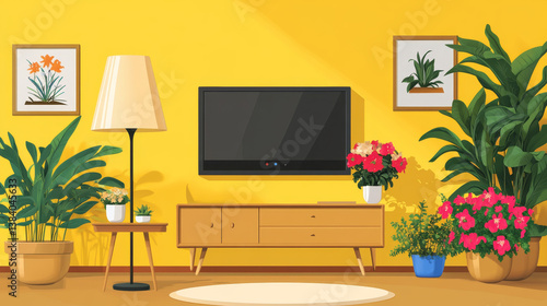 Wallpaper Mural Cabinet  For TV or place object in modern living room with lamp,table,flower and plant on yellow illuminating wall background,3d rendering Torontodigital.ca