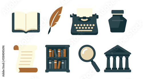 Vintage literature icons: typewriter, bookshelf, quill, and more in style. Vector icons