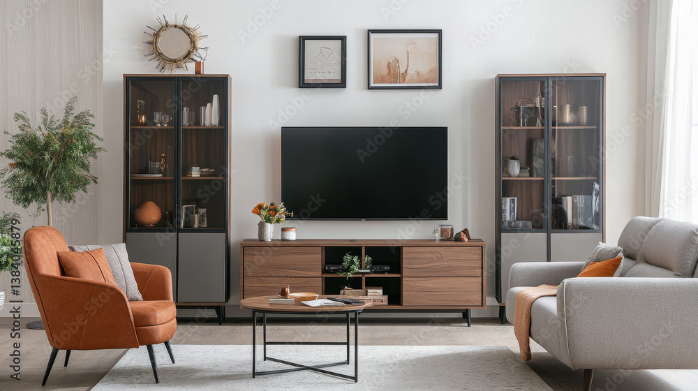Fototapeta premium Cabinet TV in modern living room,Interior of a bright living room with armchair on empty white wall background.3D rendering