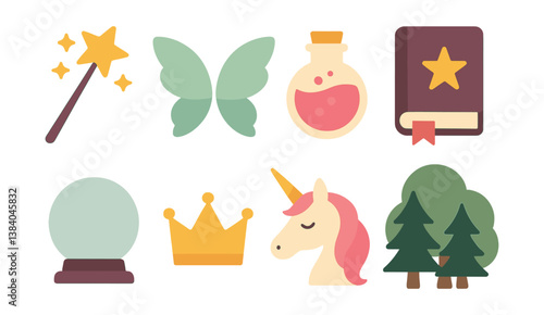 Enchanting fantasy icons: magical wand, unicorn, potion, and more in design. Vector icons