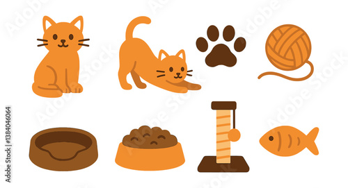 Charming cat icon set: playful felines and essential accessories. Vector icons