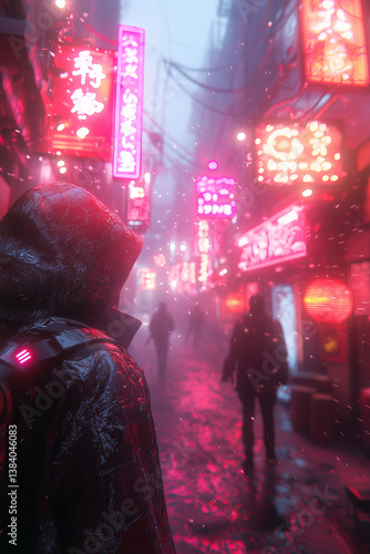 Obraz na płótnie Cyberpunk Street with Neon Signs and Rain w salonie
