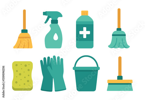 Cleaning essentials. icons featuring mops, spray bottles, and more household tools.. Vector icons
