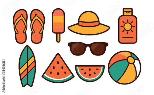 Summer essentials. icons of flip flops, beach ball, sunscreen, sunglasses, surfboard, watermelon, sun hat, ice pop. Vector icons