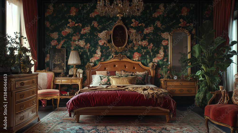 Eclectic Maximalist Bedroom with Vintage Furniture and Floral Wallpaper