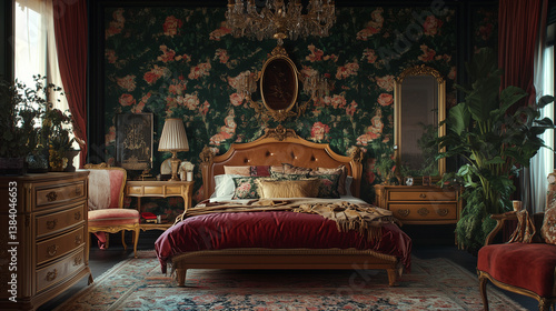 Obraz na płótnie Eclectic Maximalist Bedroom with Vintage Furniture and Floral Wallpaper w salonie
