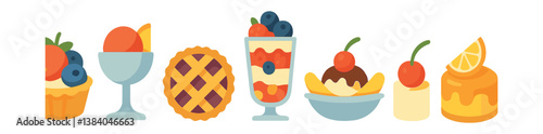 Delightful dessert icons. cupcake, pie, parfait, banana split, pudding, flan. Vector icons