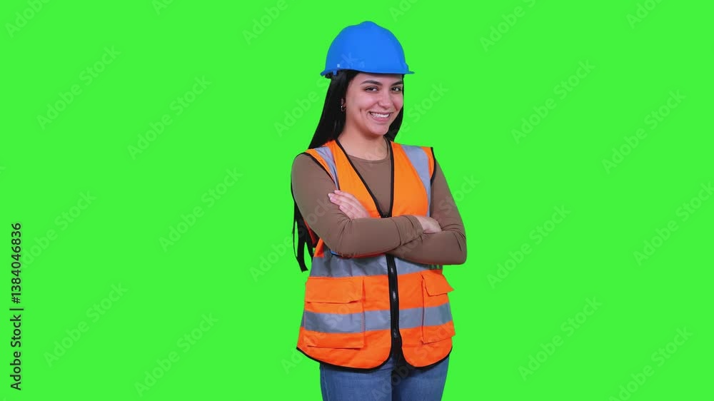 Latin Construction Worker Woman Smiling with Crossed Arms on Green Screen Latin Construction Worker Woman Smiling with Crossed Arms on Green Screen