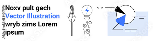 Corn stalk, lightning bulb with currency symbols, geometric charts in dynamic lines. Ideal for technology, farming, environment, innovation, energy, data analysis simple landing page