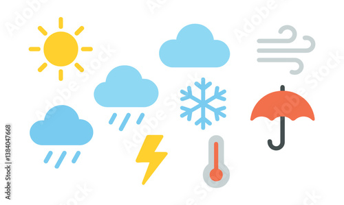 Comprehensive weather icon set: sun, clouds, rain, snowflake, lightning, thermometer, wind, umbrella. Vector icons