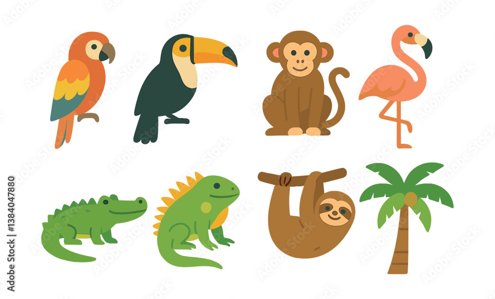 Obraz premium Colorful tropical animals and plants in style with parrot, toucan, monkey, flamingo, iguana, sloth, and palm. Vector icons