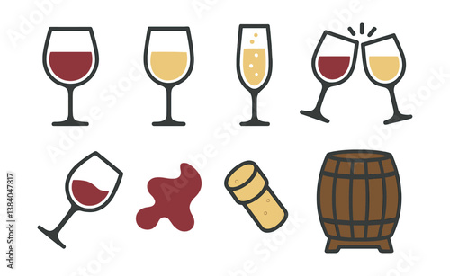 Wine icon set: glasses, cork, barrel, and spill in style. Vector icons