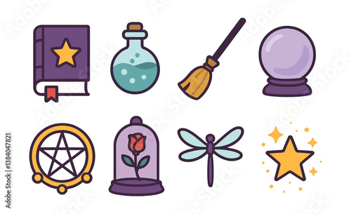 Magical essentials. icons of mystical tools and symbols. Vector icons