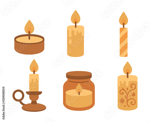 Diverse candle collection: icons of wax and wick in warm, inviting designs. Vector icons