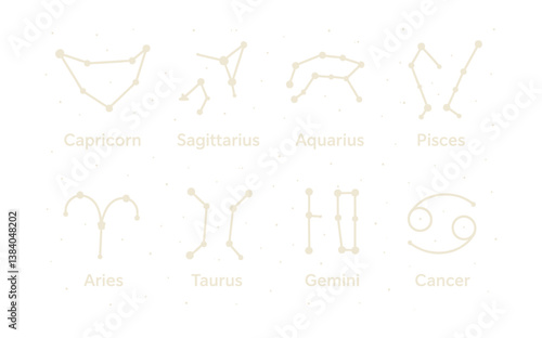 Zodiac signs in . collection of constellation icons: capricorn, sagittarius, aquarius, pisces, aries, taurus, gemini, cancer. Vector icons