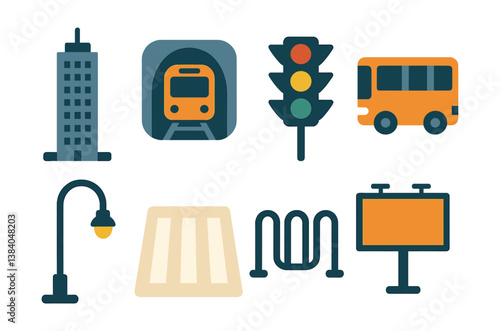 Urban transportation and infrastructure. icons: buildings, train, traffic, bus, light, barrier, billboard.. Vector icons