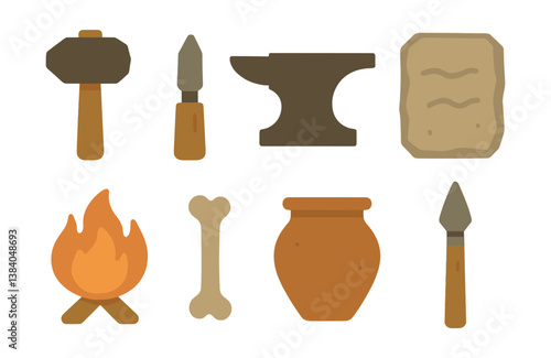 Prehistoric tools and icons. icons of hammer, anvil, flame, pot, and more. Vector icons