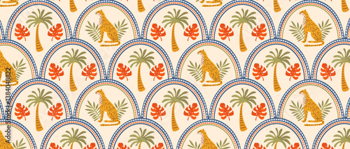 Summer pattern with tropical palm tree and leopard in retro style. Cute jungle print, beach background, safari.