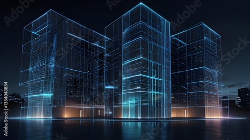 A futuristic corporate building outline made of light trails and wireframe edges, glowing softly in blue hues — ultra-clean HD illustration with transparent background.