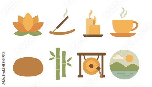Zen meditation essentials. icons featuring lotus, incense, candles, tea, stones, bamboo, gong, and nature. Vector icons