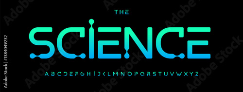 Modern Science Font with Liquid Molecule-Inspired Shapes and Blue Gradient Style on Dark Background. Ideal for Technology, Medical, or Education Projects. Vector typeset.