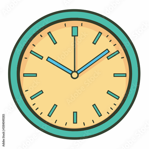 Analog clock displays time on yellow face inside illustration