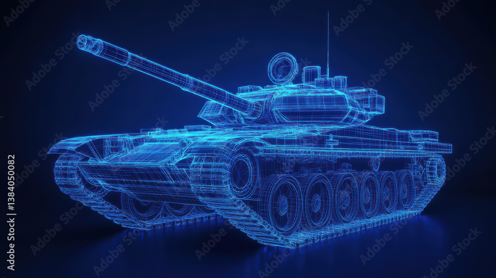 A detailed wireframe model of a tank illuminated with a blue glow stands against a dark backdrop, emphasizing its engineering and design features from various angles