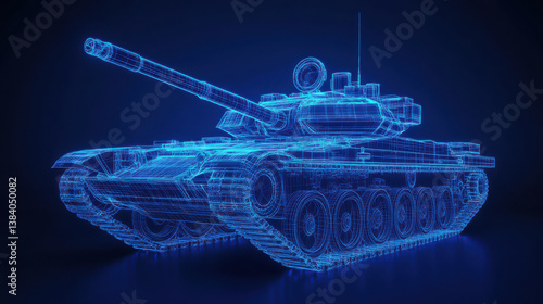 Obraz na płótnie A detailed wireframe model of a tank illuminated with a blue glow stands against a dark backdrop, emphasizing its engineering and design features from various angles w salonie