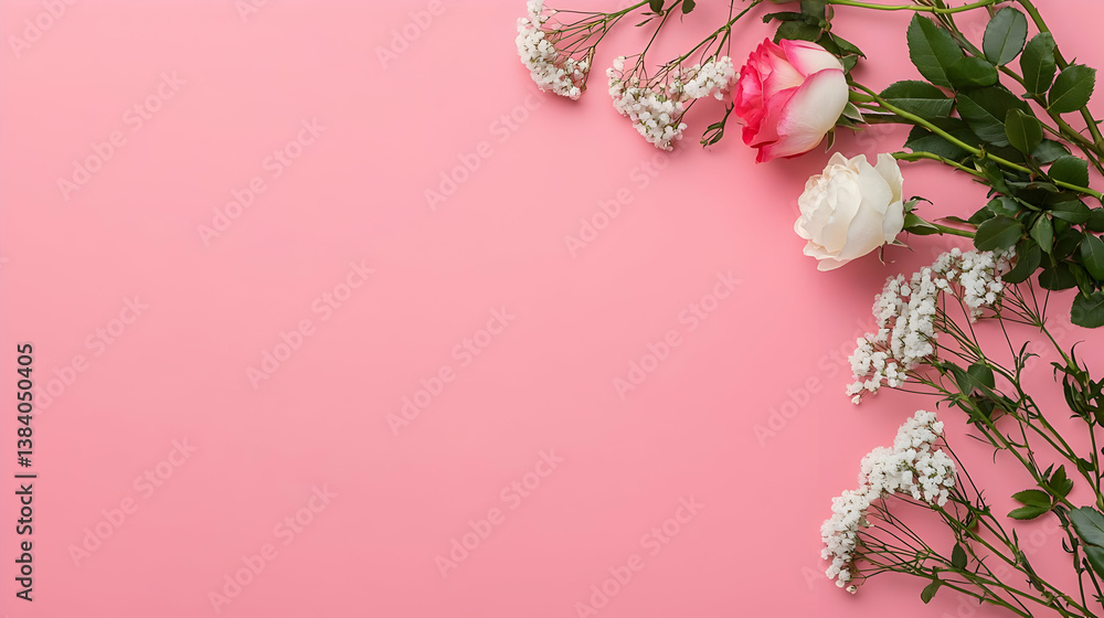 Fototapeta premium Pink Background With Roses And White Flowers