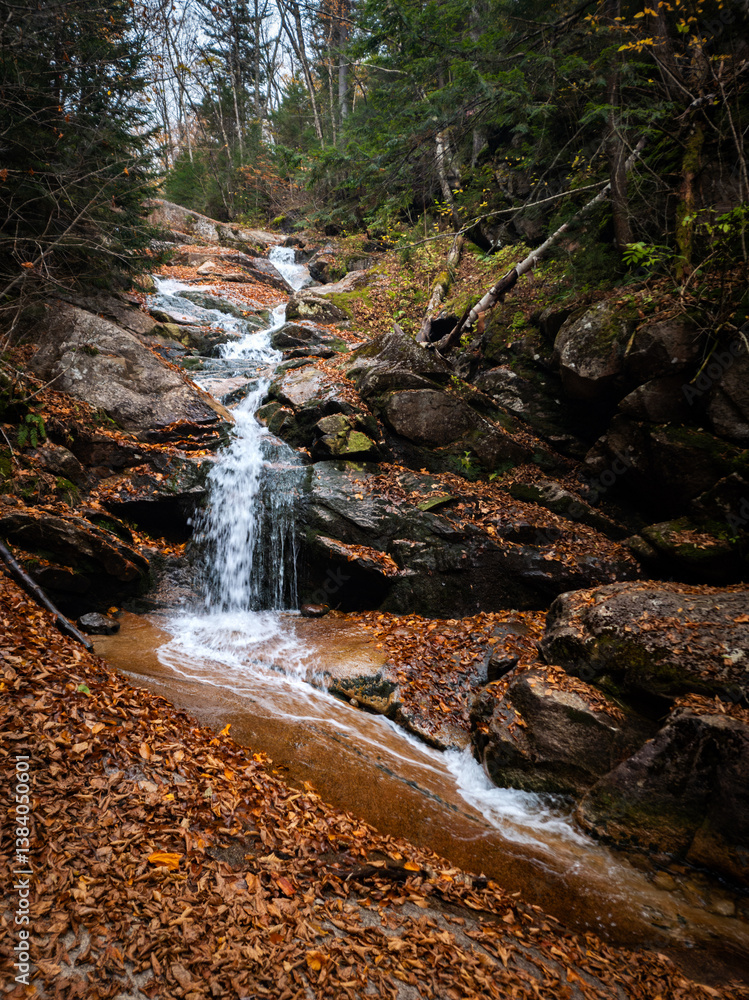 Swiftwater Falls in Franconia Notch State Park, NH, This 60-ft. waterfall is a combination of cascades and small plunges.