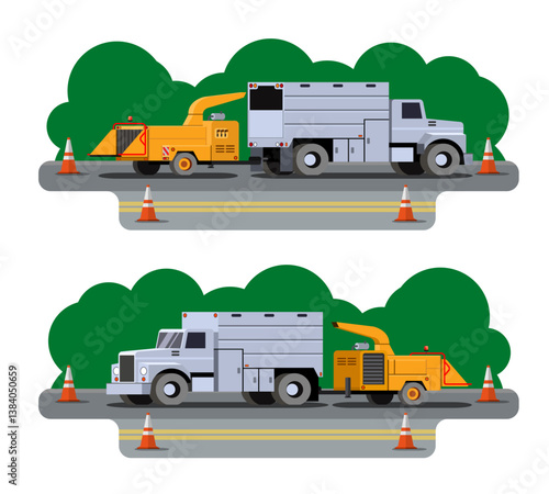 Chip truck trailed tree chipper work at site. Yellow wood chipper for chipping felled trees and brunches after tree trimming into back of chip truck. Front and back side view. Vector clip art on white
