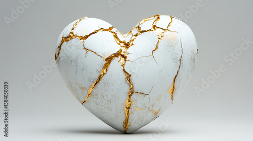 
A white porcelain heart with golden cracks, symbolizing the Japanese art of Kintsugi, representing repair, resilience, and the beauty of imperfection. A powerful expression of anti-fragility and recy