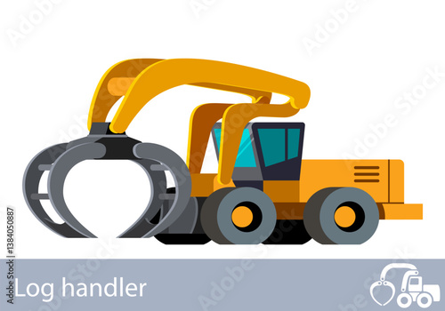 Minimalistic icon log handler front side view. Log handler high-lift vehicle for working at saw mill or lumber yard. Modern vector isolated illustration