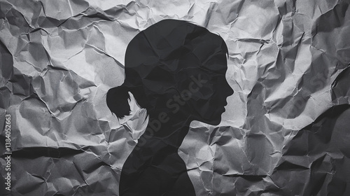 Silhouette of troubled person head. 
Concept image of anxiety and negative emotion. Waste paper and head silhouette. 
 photo
