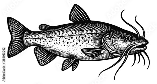 Detailed Black and White Engraving Illustration of a Spotted Catfish with Barbels