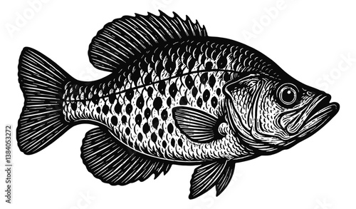 Detailed Black and White Engraved Illustration of crappie Fish with Scales and Fins Viewed from Side