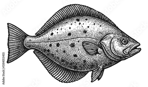 Detailed Engraving of a halibut Fish with Fin and Tail in Black and White