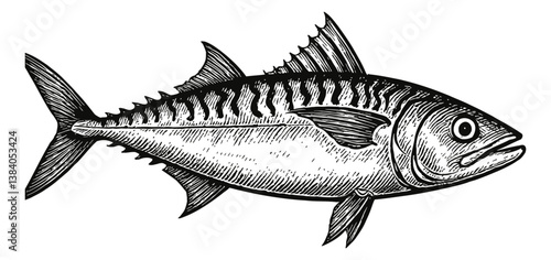 Detailed Engraved Illustration of a Mackerel Fish Swimming in Black and White