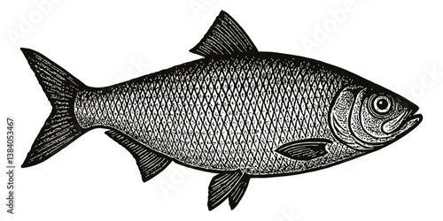 Detailed Engraved Illustration of a Herring Fish Swimming in a Black and White Isolated Design