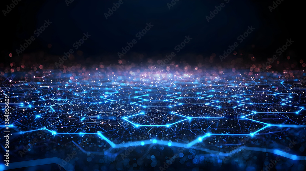 Abstract Futuristic Cityscape With Glowing Lines And Hexagons