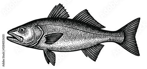 Detailed Woodcut Illustration of a Fish Swimming in a Side View Isolated on White