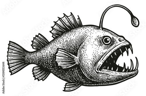 Anglerfish with Open Mouth Showing Sharp Teeth in Black and White Detailed Engraving Style