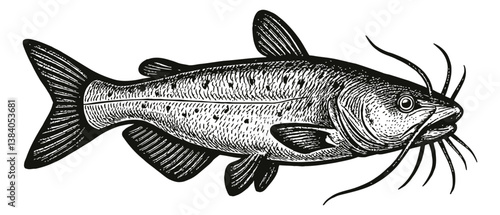 Detailed Engraving Illustration of Catfish Viewed from Side in Black and White Color