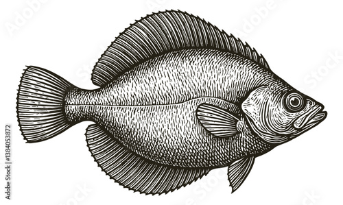 Detailed engraving of a fish with prominent fins and scales swimming gracefully isolated