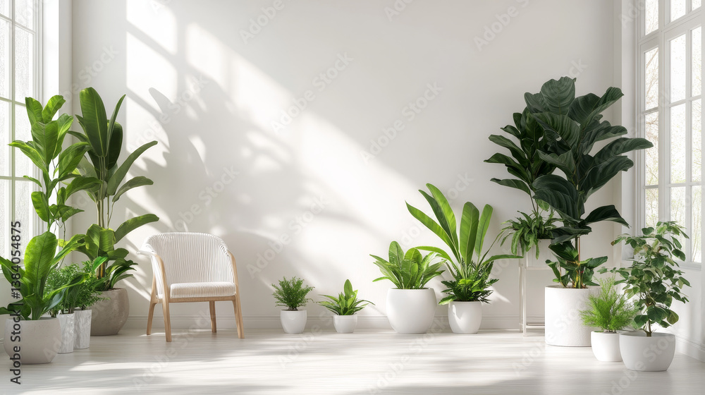Fototapeta premium White wall empty room with plants on a floor,3D rendering