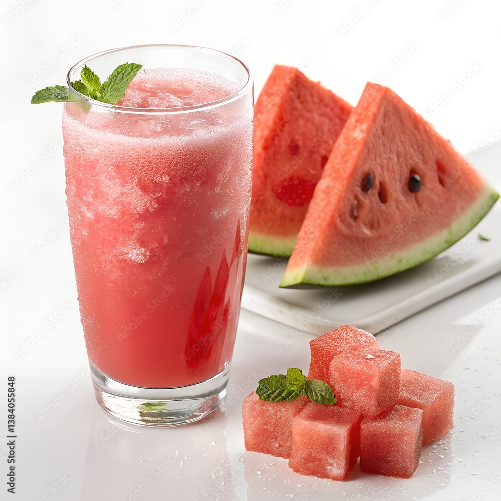 a refreshing watermelon crush juice in a clear glass, bright pink and red liquid, fresh watermelon slices and cubes beside the glass a refreshing watermelon crush juice in a clear glass, bright pink and red liquid, fresh watermelon slices and cubes beside the glass