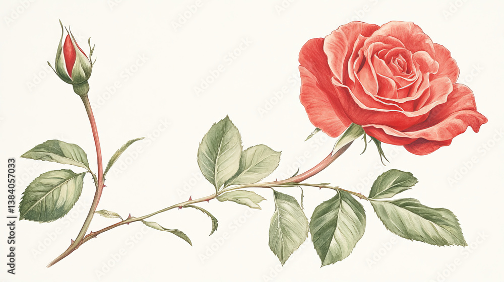 Obraz premium Rose flower set of blooming plant. Garden rose isolated icon of red blossom, petal and bud with green stem and leaf for romantic floral decoration, wedding bouquet and valentine greeting card