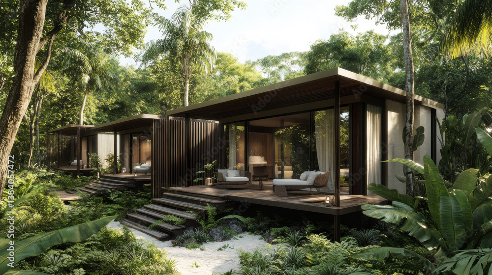 Three modern, eco-friendly cabins are surrounded by lush greenery in a vibrant tropical forest, offering a serene escape for relaxation and connection with nature Three modern, eco-friendly cabins are surrounded by lush greenery in a vibrant tropical forest, offering a serene escape for relaxation and connection with nature